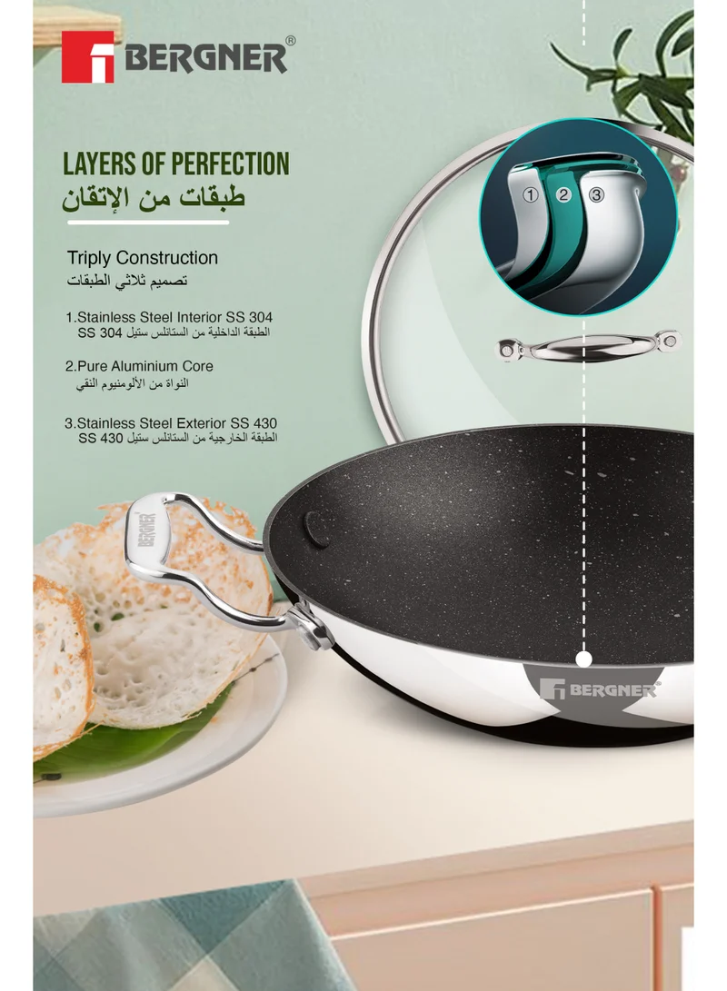 بيرجنر Bergner Argent Samsara 21cm Tri-Ply Stainless Steel Appam Pan with Glass Lid, Non-Stick Appachetty / Chetty Pan, Quantanium Coating, Less Oil Healthy Cooking, Even Heating, Gas & Induction Compatible